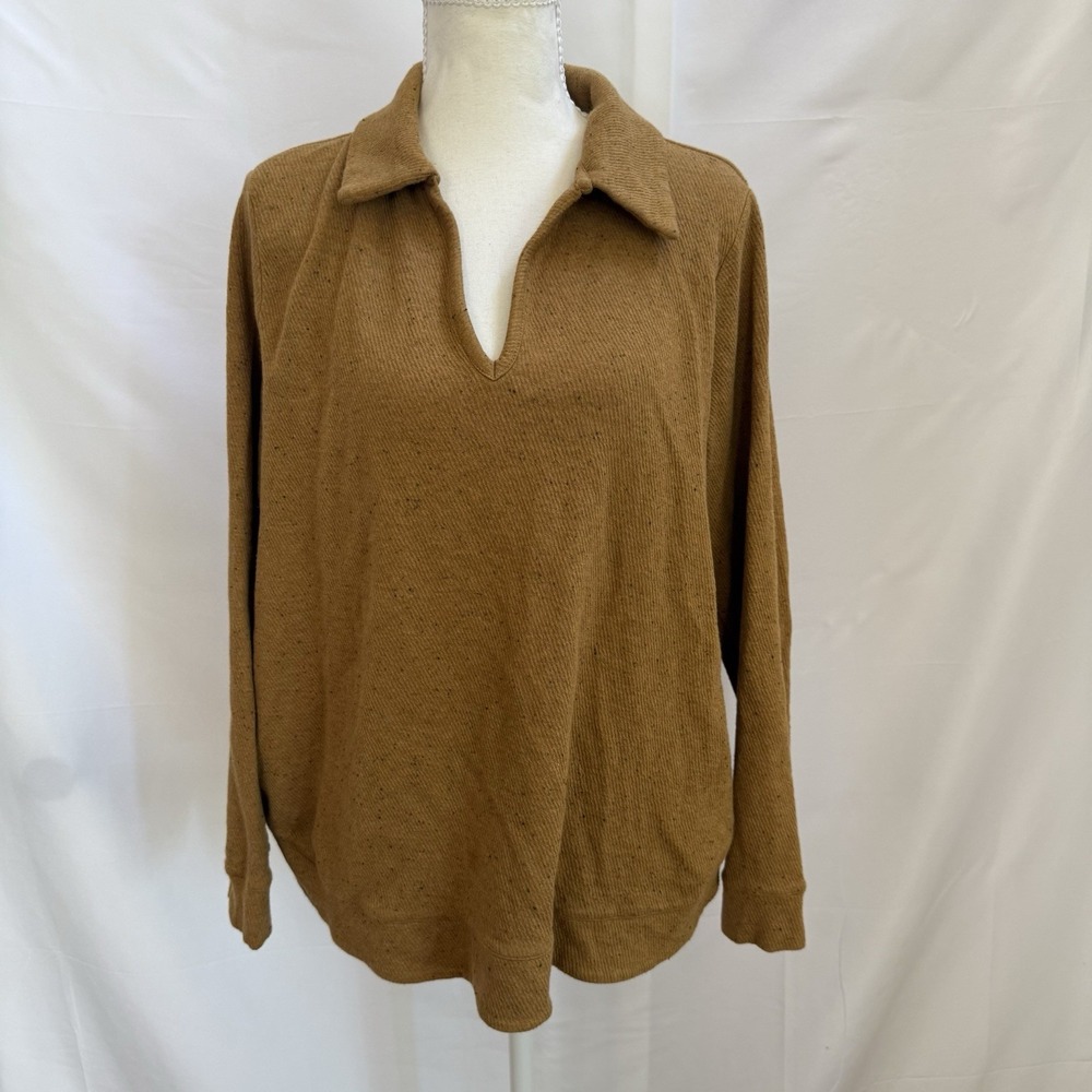 Pure Jill Pullover Women Petite Large Mustard V-Neck Collared Flecked Knit Top